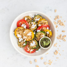 second breakfast in a lactose-free box diet - grilled vegetables with vegan Greek cheese and herbal pesto